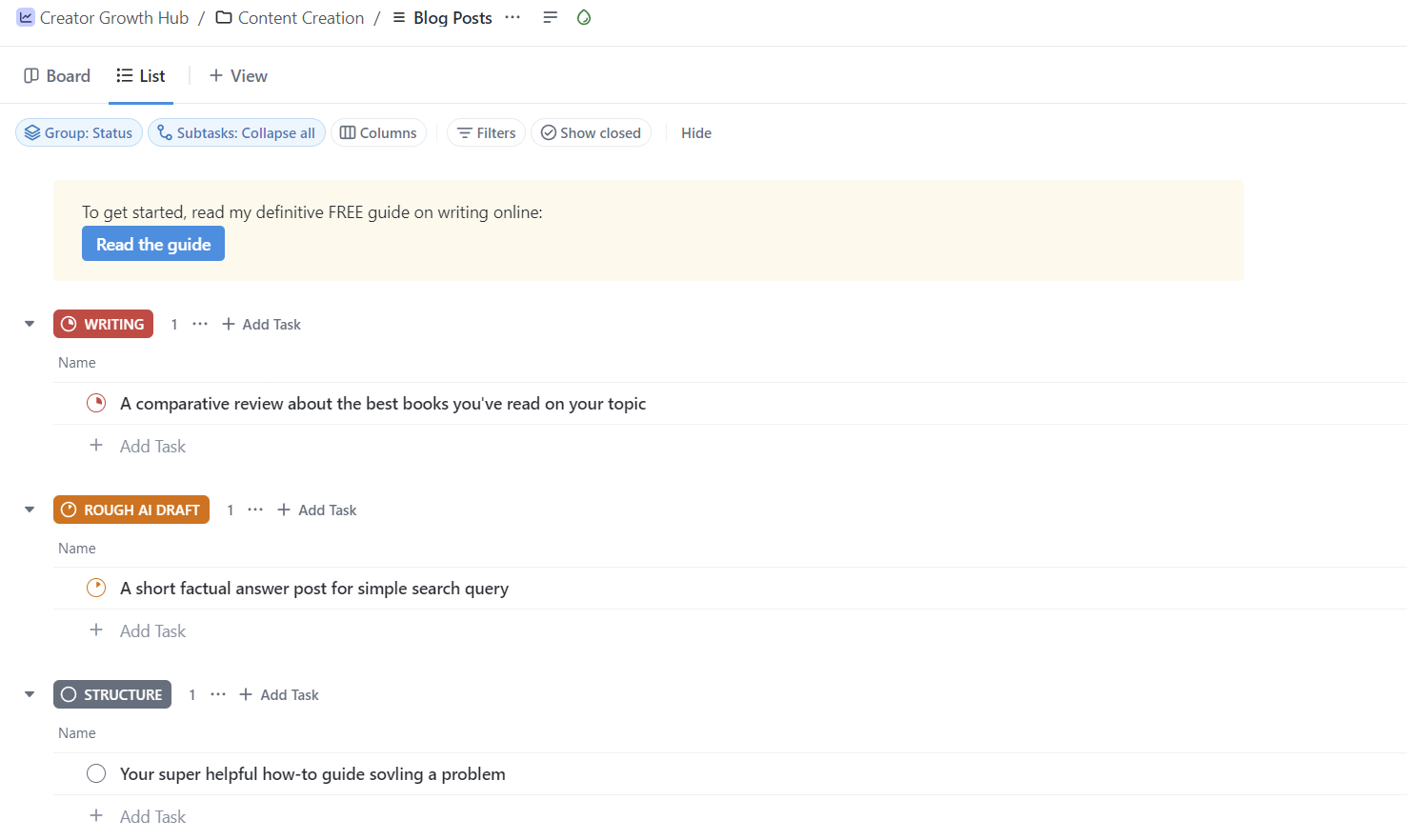 ClickUp™ Community Templates Growth Template for Beginner Creators by